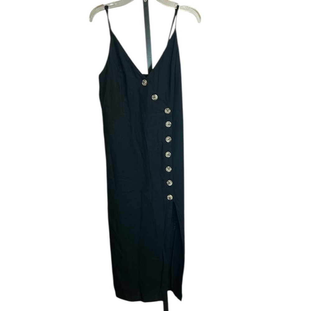Linen Blend Black Dress small Adjustable Spaghetti Strap Smocked back side slit